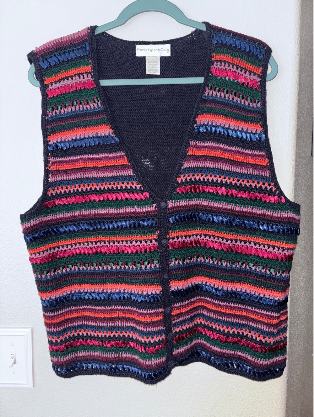 Vtg Paris Sport Club Satin Ribbon Weave Crochet Knit Sweater Vest Boho Women's L